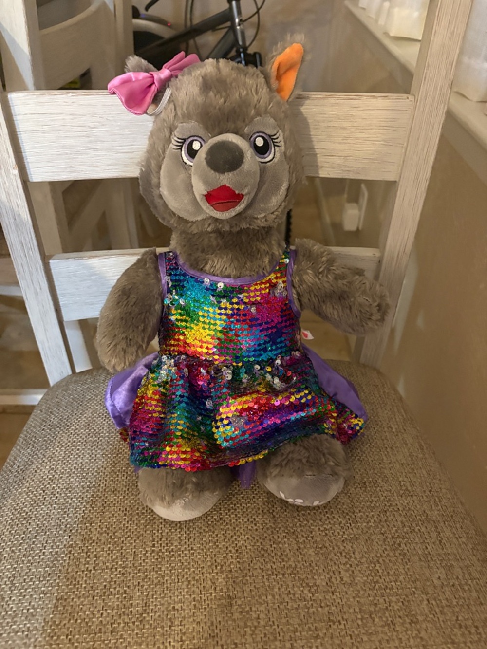 Build-A-Bear Violet The Wolf Plush with Rainbow Sequin Dress and Pink Bow